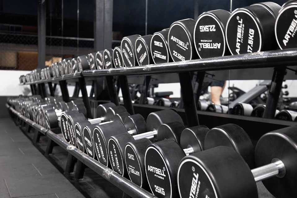 Área de pesas y mancuernas diseñada para realizar ejercicios de fuerza en Fitness24seven